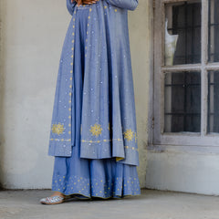 Lavender blue chanderi mirror work cape with chartreuse embroidered blouse and sharara pants