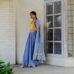 Lavender blue chanderi mirror work cape with chartreuse embroidered blouse and sharara pants