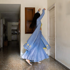 Lavender blue chanderi mirror work cape with chartreuse embroidered blouse and sharara pants