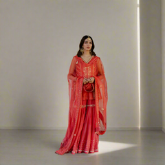 Coral tissue chanderi garara set with gota patti work and organza dupatta