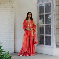 Coral tissue chanderi garara set with gota patti work and organza dupatta