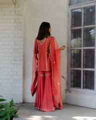 Coral tissue chanderi garara set with gota patti work and organza dupatta