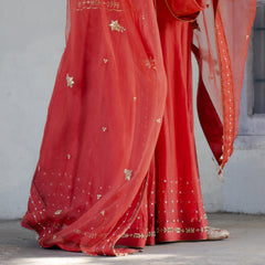 Coral tissue chanderi garara set with gota patti work and organza dupatta