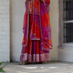 Magenta vermillion tissue chanderi sharara set with lehriya tissue dupatta