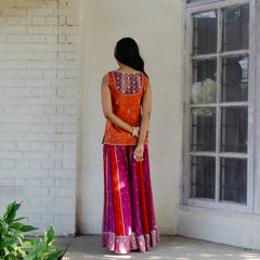 Magenta vermillion tissue chanderi sharara set with lehriya tissue dupatta