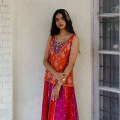 Magenta vermillion tissue chanderi sharara set with lehriya tissue dupatta