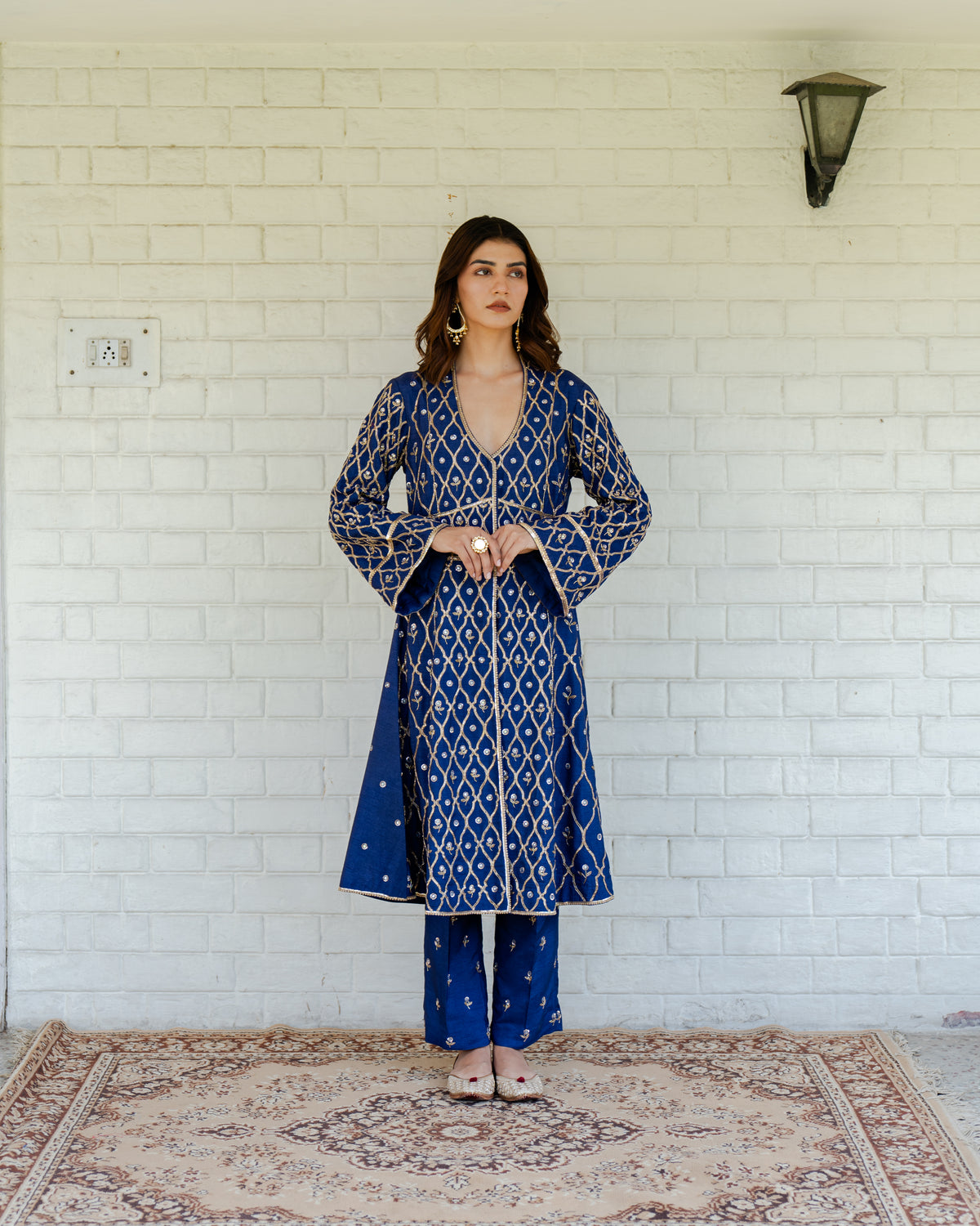 Navy blue jaal embroidery overlap jacket with pants