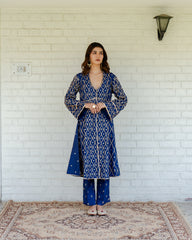 Navy blue jaal embroidery overlap jacket with pants