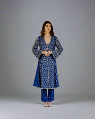 Navy blue jaal embroidery overlap jacket with pants