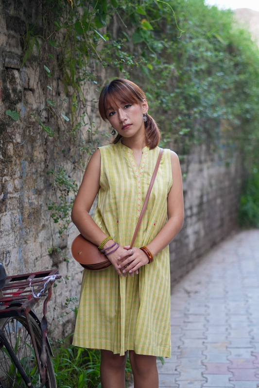 Yellow-Green Handwoven Check Cotton Shift Dress