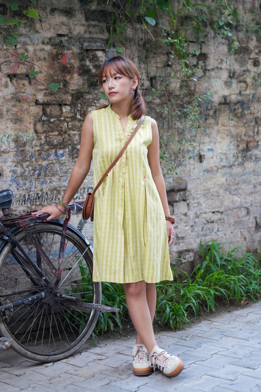 Yellow-Green Handwoven Check Cotton Shift Dress