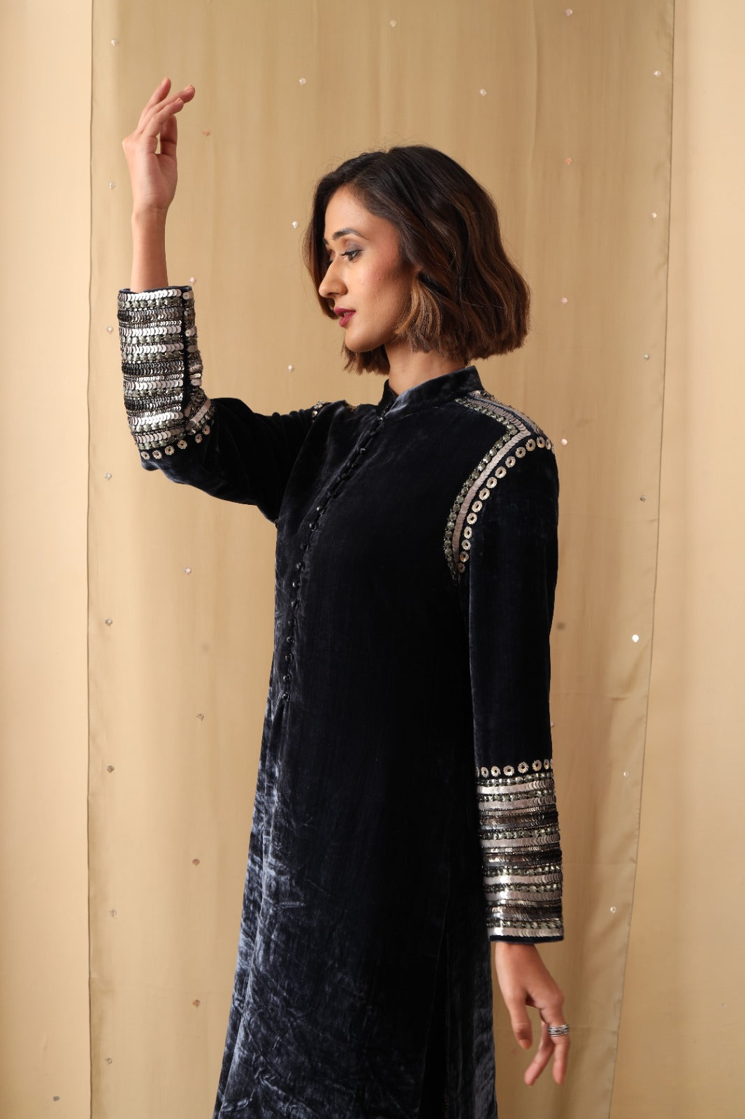 Velvet embellished sleeves kurta with silk pants and organza dupatta - Sohni