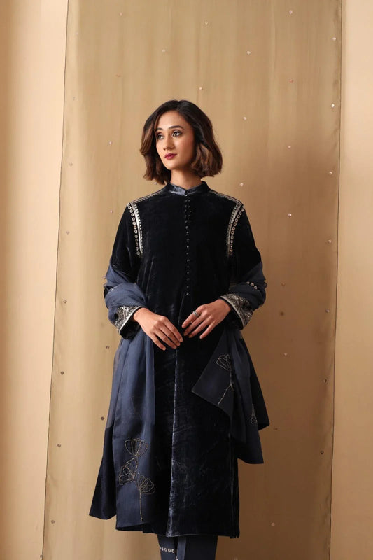Velvet embellished sleeves kurta with silk pants and organza dupatta - Sohni