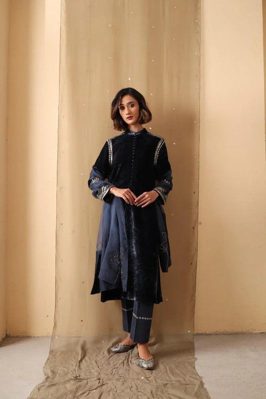 Velvet embellished sleeves kurta with silk pants and organza dupatta - Sohni