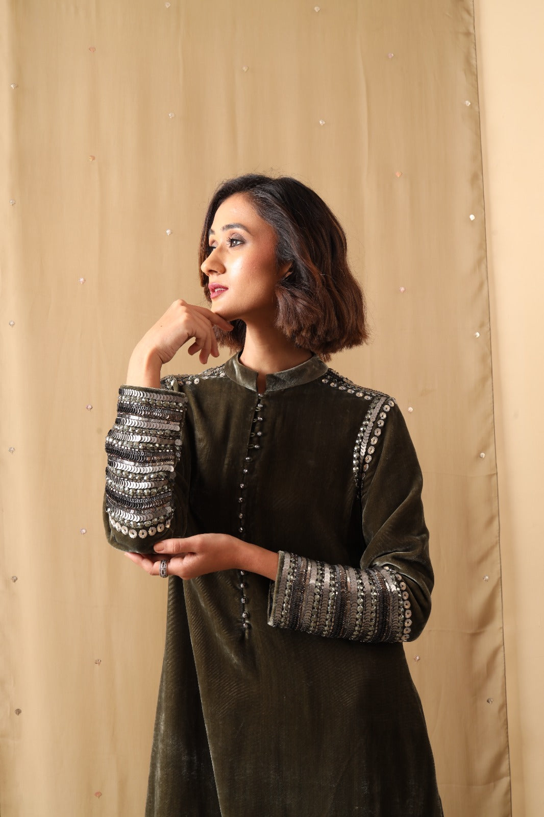 Velvet embellished sleeves kurta with silk pants and organza dupatta - Sohni
