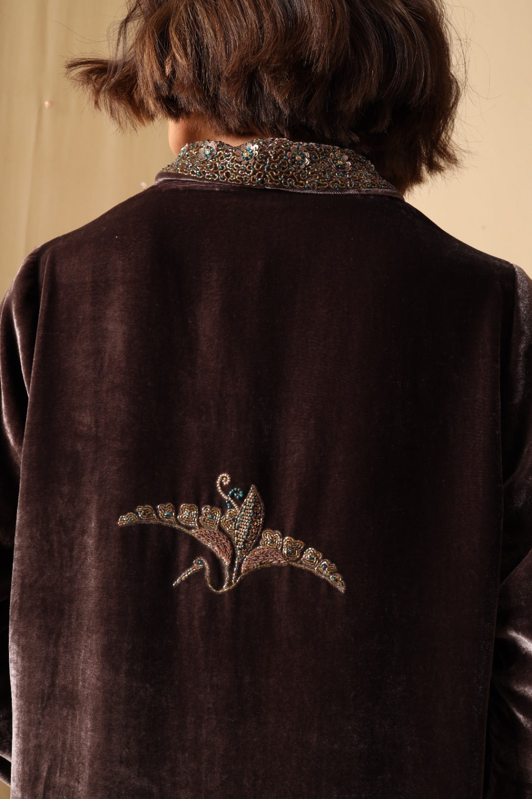 Brown velvet deconstructed tunic with velvet tapered pants - Sohni