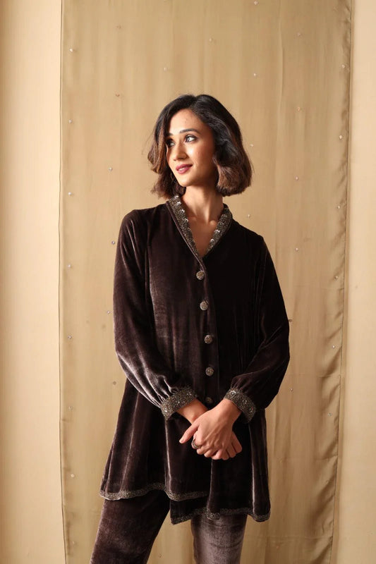 Brown velvet deconstructed tunic with velvet tapered pants - Sohni