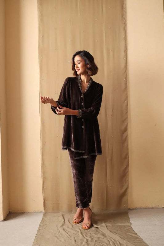 Brown velvet deconstructed tunic with velvet tapered pants - Sohni