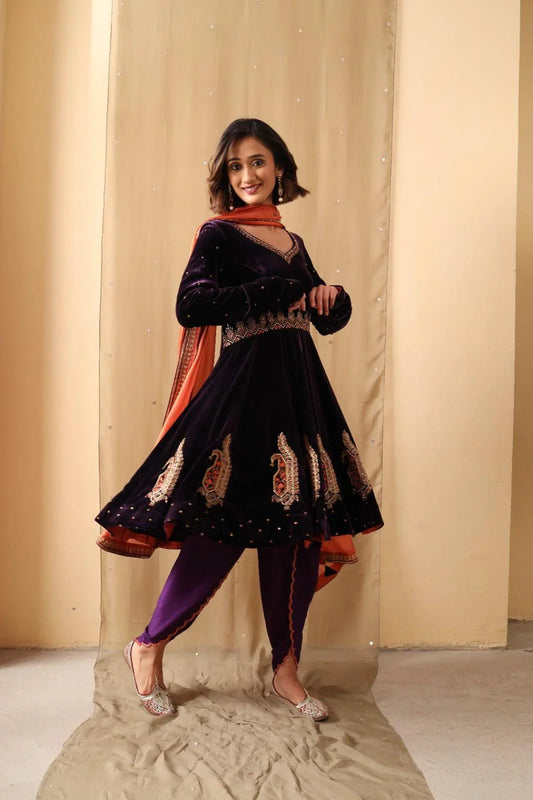 Purple velvet short anarkali with dhoti and burnt orange silk dupatta - Sohni