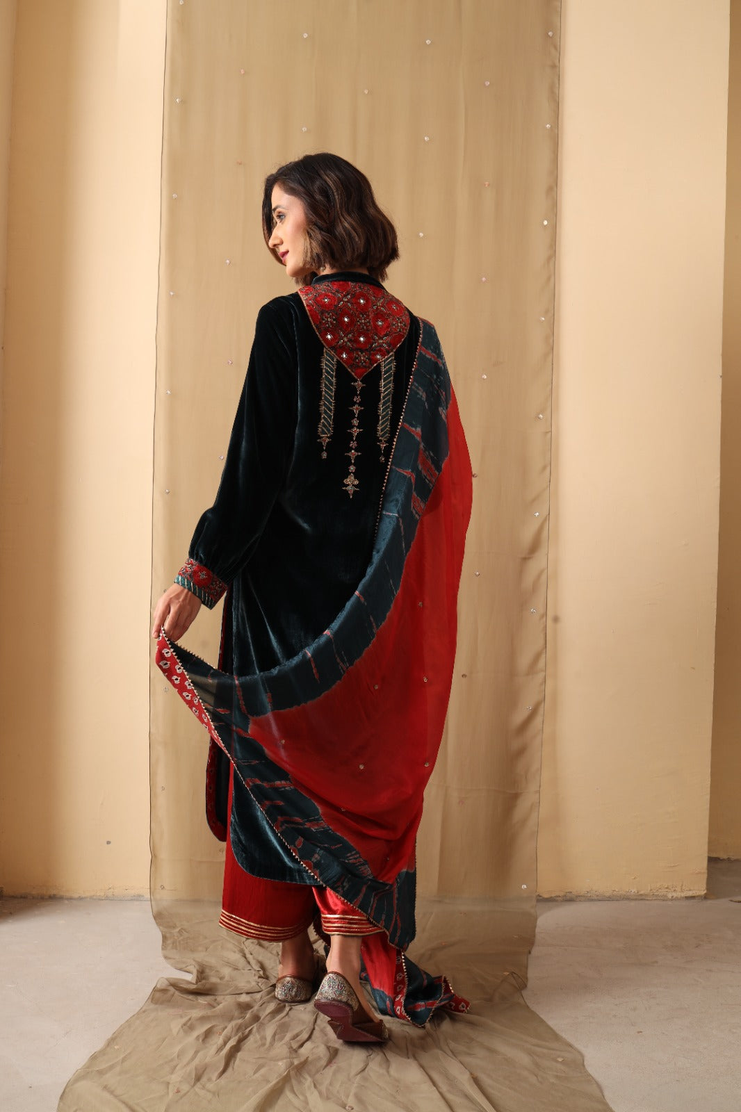 Teal blue velvet ajrakh and gota detail kurta, red mashru palazzos and tie dye silk dupatta - Sohni