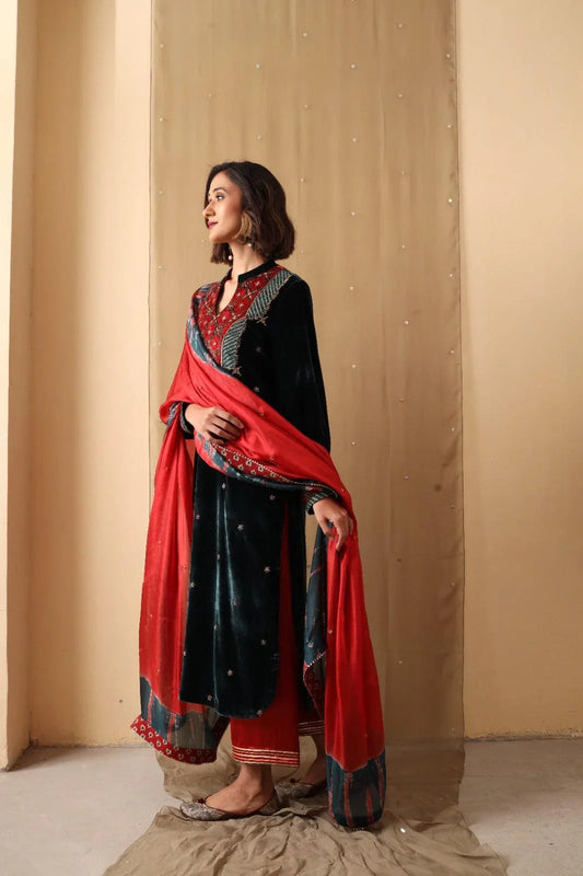 Teal blue velvet ajrakh and gota detail kurta, red mashru palazzos and tie dye silk dupatta - Sohni