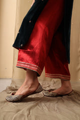 Teal blue velvet ajrakh and gota detail kurta, red mashru palazzos and tie dye silk dupatta - Sohni