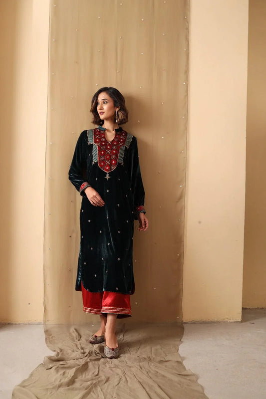 Teal blue velvet ajrakh and gota detail kurta, red mashru palazzos and tie dye silk dupatta - Sohni