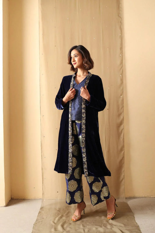 Cobalt blue velvet overlay and crop top with floral brocade pants - Sohni