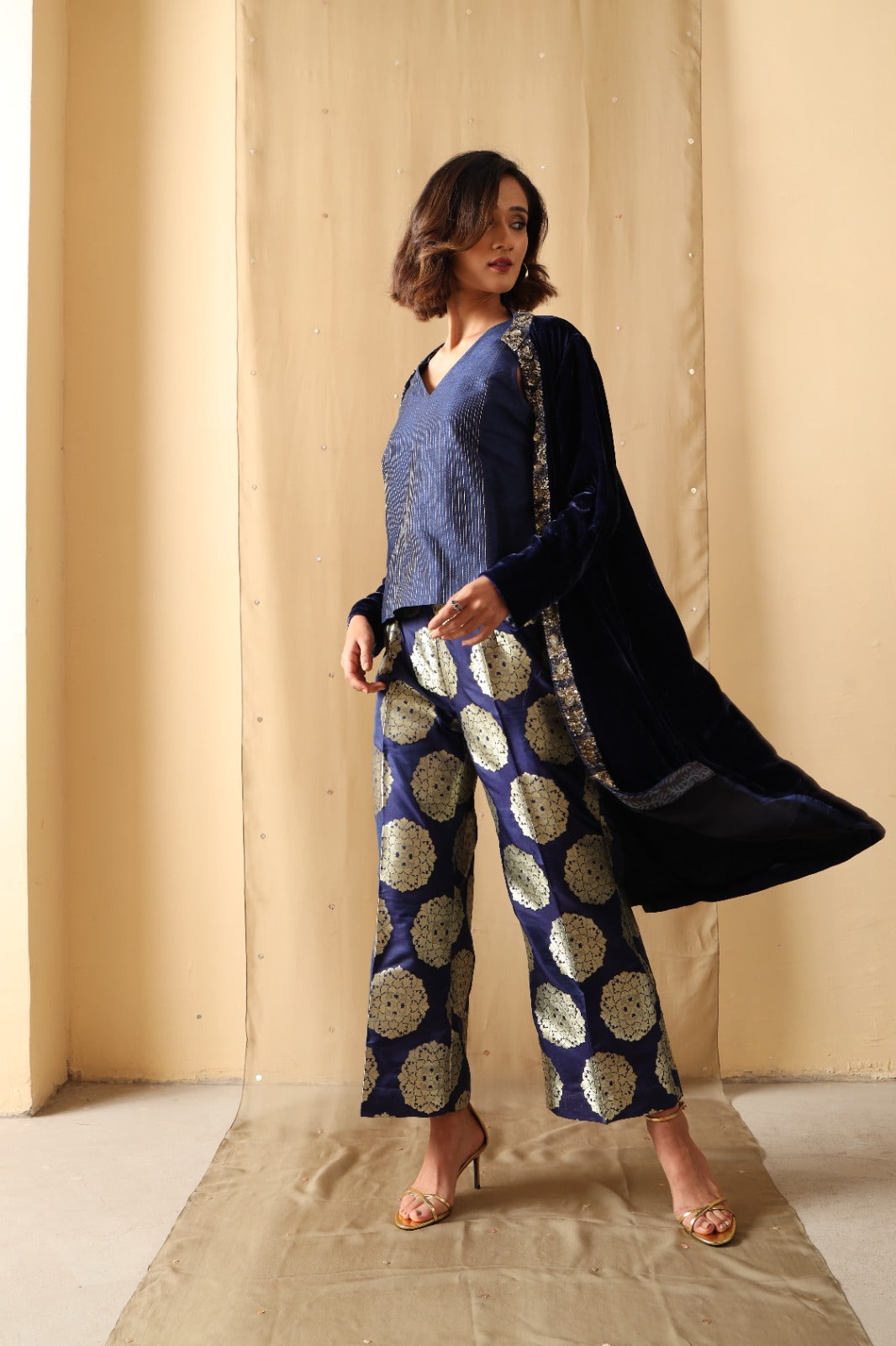 Cobalt blue velvet overlay and crop top with floral brocade pants - Sohni