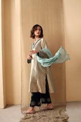 Tissue kurta with anaar booti velvet pants and aqua silk dupatta - Sohni
