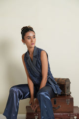 Air force blue chanderi hand embroidered jaal blazer and pants co ord set