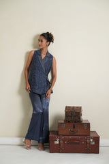 Air force blue chanderi hand embroidered jaal blazer and pants co ord set