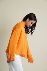 Saffron georgette shirt with tonal embroidery on cuffs and pocket