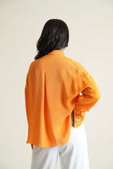 Saffron georgette shirt with tonal embroidery on cuffs and pocket