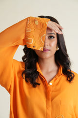 Saffron georgette shirt with tonal embroidery on cuffs and pocket