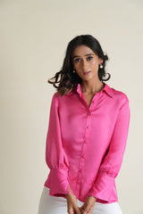 Candy pink modal silk shirt with hand embroidered cuffs and collars