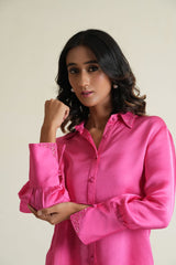 Candy pink modal silk shirt with hand embroidered cuffs and collars