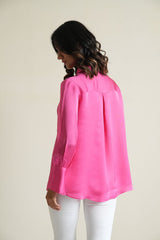 Candy pink modal silk shirt with hand embroidered cuffs and collars