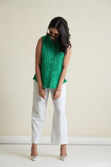 Emerald sleeveless modal silk top with organza scallops embroidery