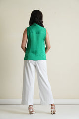 Emerald sleeveless modal silk top with organza scallops embroidery