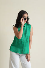 Emerald sleeveless modal silk top with organza scallops embroidery