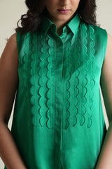 Emerald sleeveless modal silk top with organza scallops embroidery