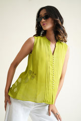 Citrus green sleeveless georgette top with organza appliqué work