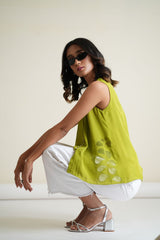 Citrus green sleeveless georgette top with organza appliqué work