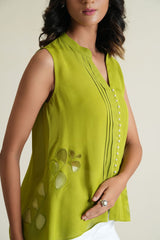 Citrus green sleeveless georgette top with organza appliqué work