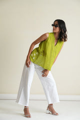 Citrus green sleeveless georgette top with organza appliqué work