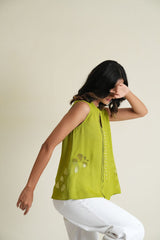 Citrus green sleeveless georgette top with organza appliqué work