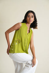 Citrus green sleeveless georgette top with organza appliqué work