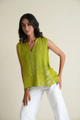 Citrus green sleeveless georgette top with organza appliqué work