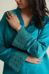 Peacock blue modal silk long sleeved top with embroidered cuffs